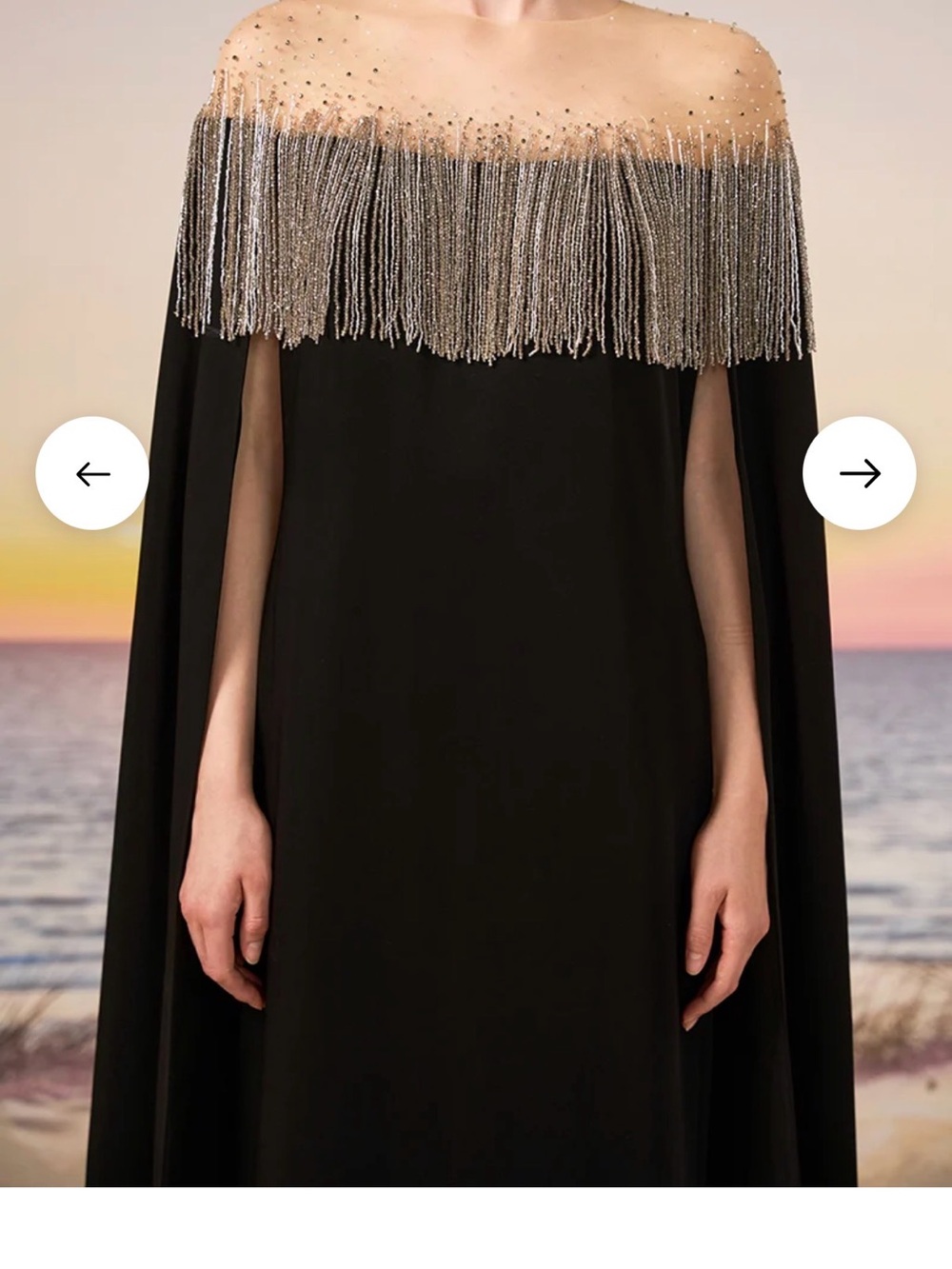 Black Off-Shoulder Evening Cape Dress with Silver Fringe - Picture 2 of 5